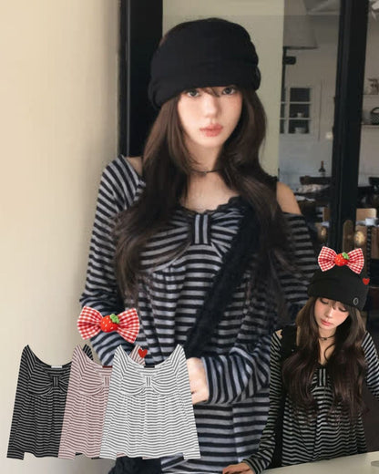Ribbon Chest Design Off Shoulder Striped Top