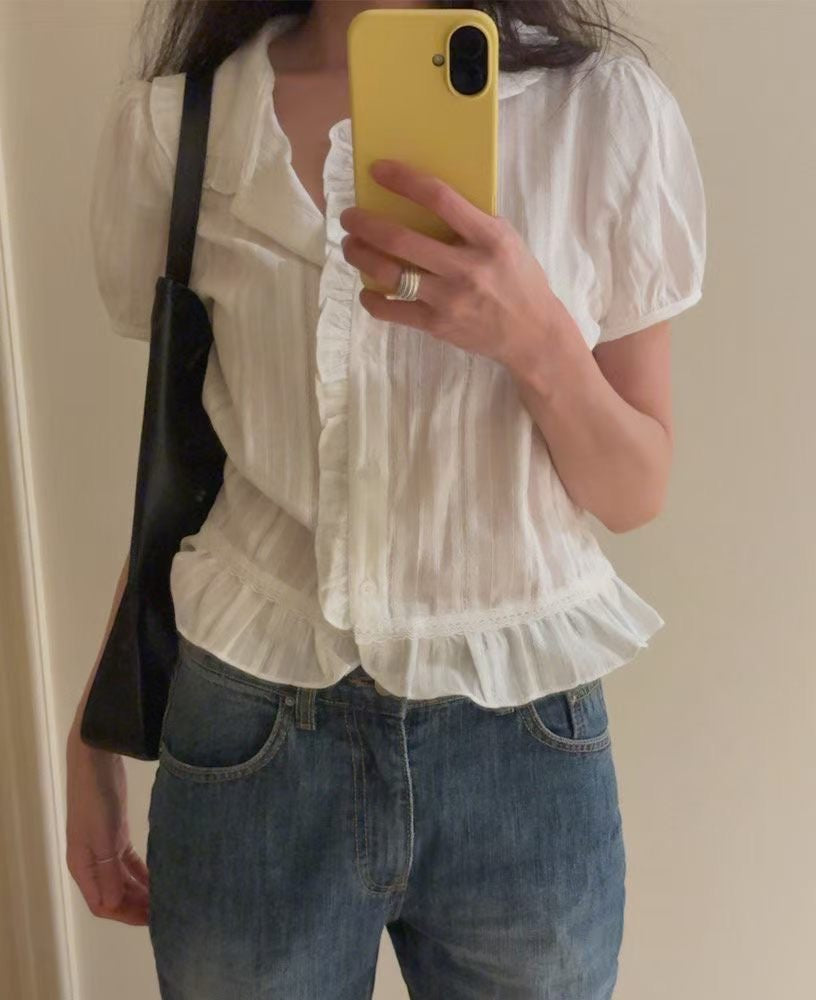 Dolly Button Up Layered Frill Collar Short Sleeve Blouse