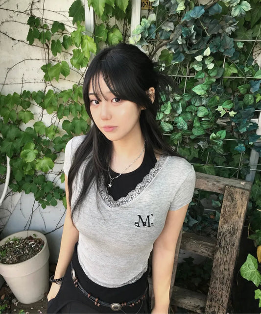 Brand Week Sale -07.13 [Mucent] Sunear Lace V-Neck Short Sleeve T-Shirt (6 Colors)