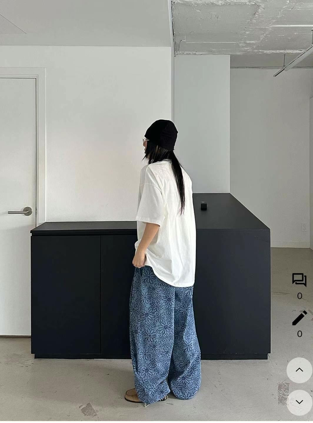 Unisex Floral pigment print loose-fit cotton one size pants