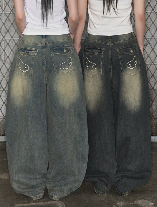 [LOOXP] Angel Wing Washed Back Pocket Balloon Wide Denim Pants Vintage Medium Blue