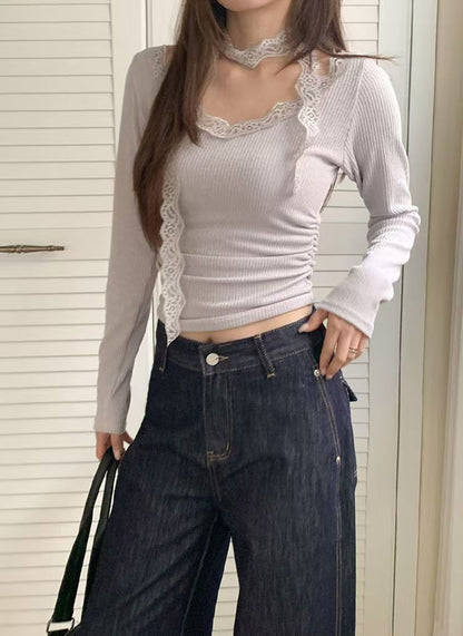Lace-Trim Ribbed Long Sleeve Top with Scarf