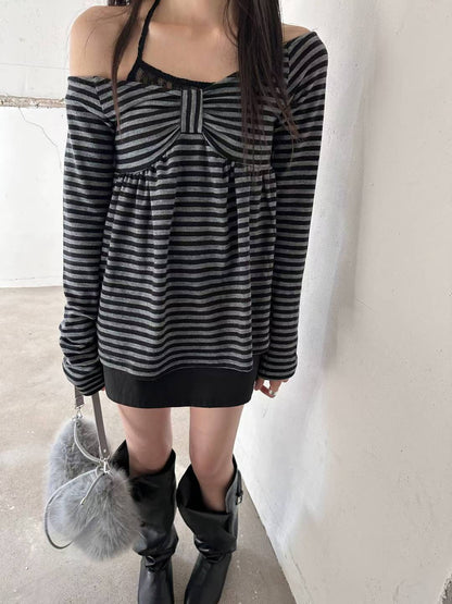 (DEC NEW) Ribbon Chest Design Off Shoulder Striped Top