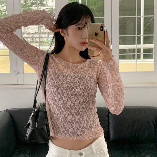 Sheer Lacy Slight Cropped Ballet Floral Tee (3 Colours)