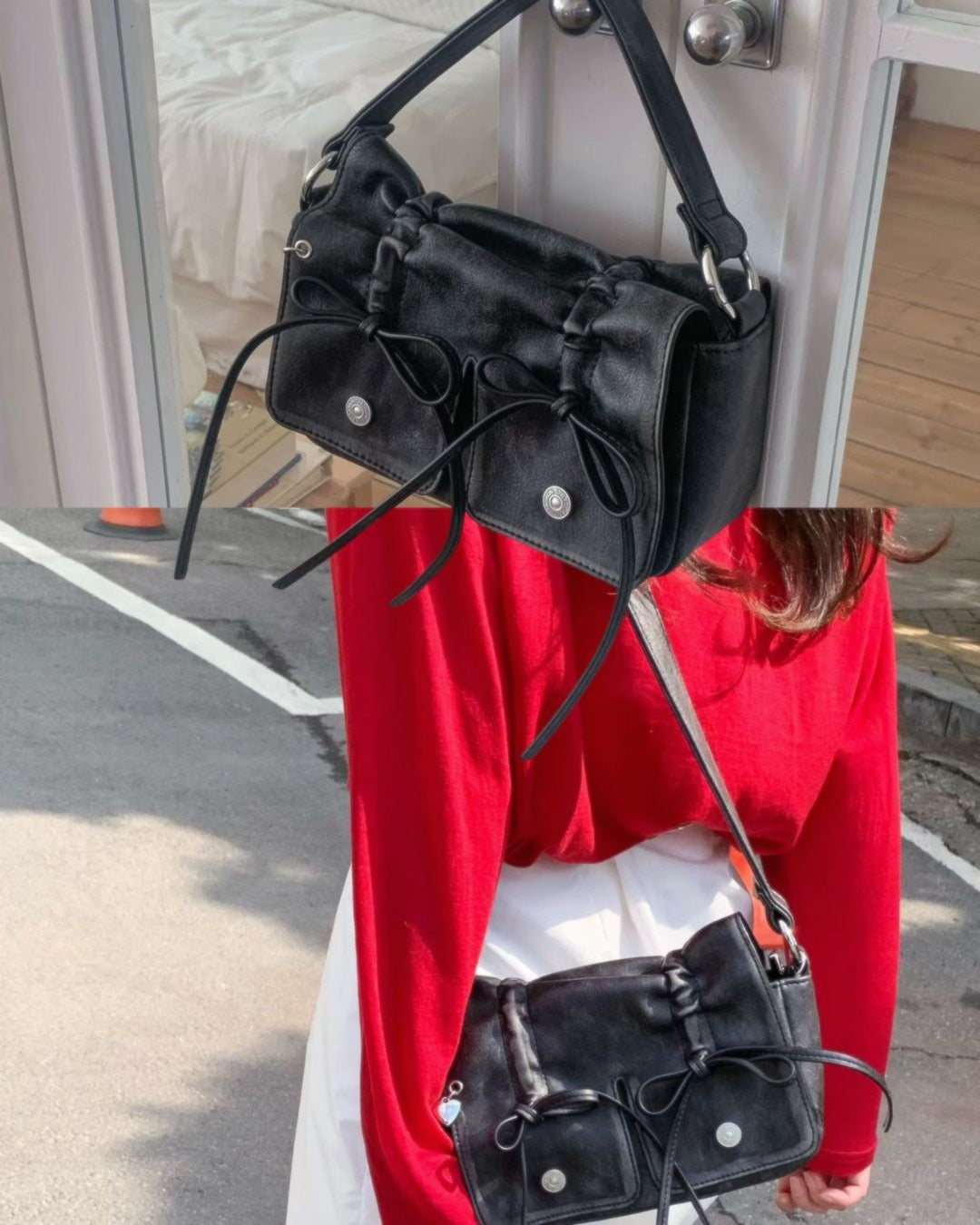 Black Designer Brand Ribbon Leather Shoulder Bag (Large/Mini)