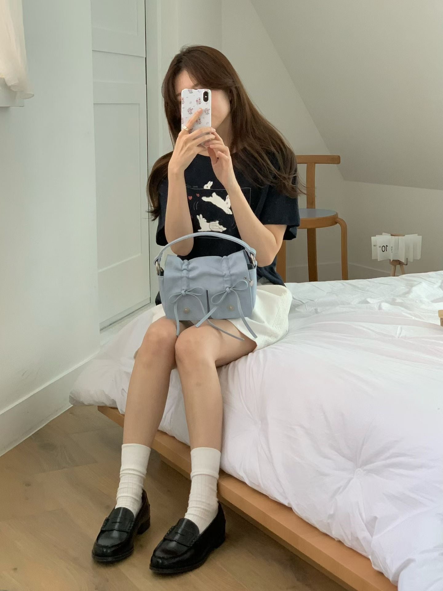 Skyblue Designer Brand Ribbon Leather Shoulder Bag (Large/Mini)