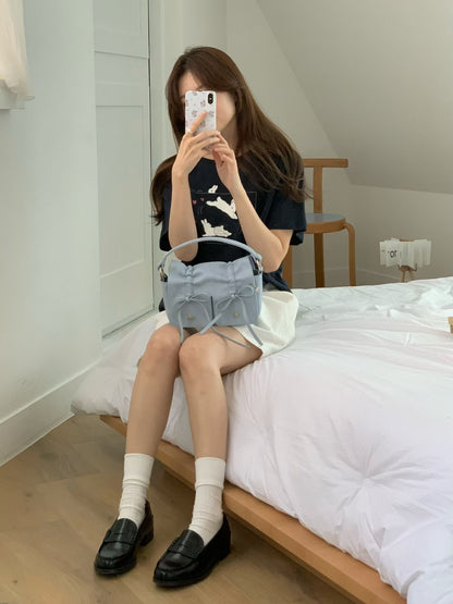 Skyblue Designer Brand Ribbon Leather Shoulder Bag (Large/Mini)