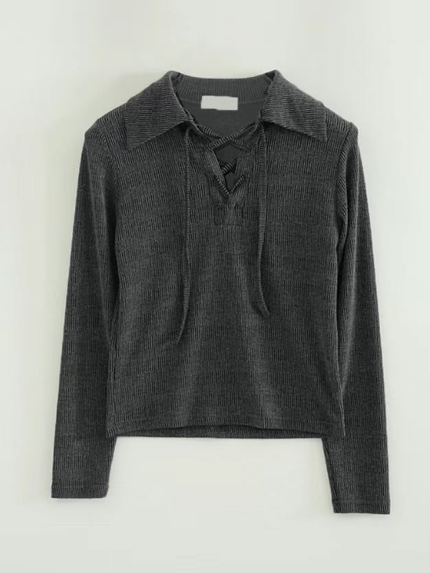 Collar Vintage Lace Up T-shirt (Black)