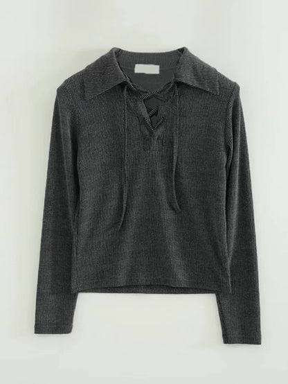 Collar Vintage Lace Up T-shirt (Black)