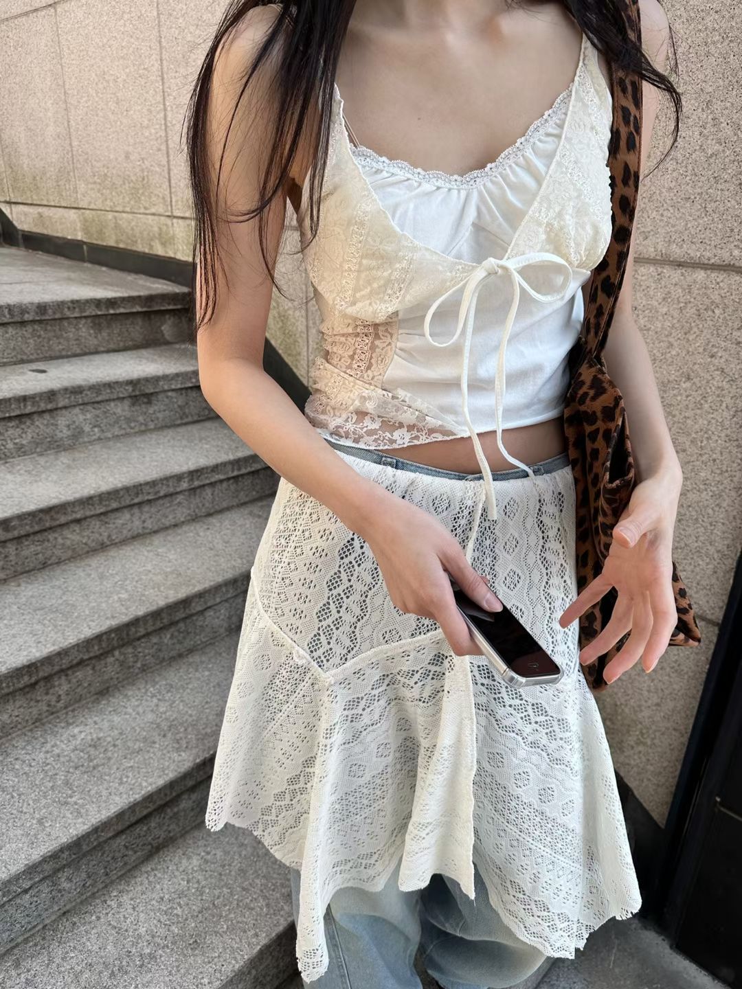 Layered Lace Patchwork Camisole with Bow