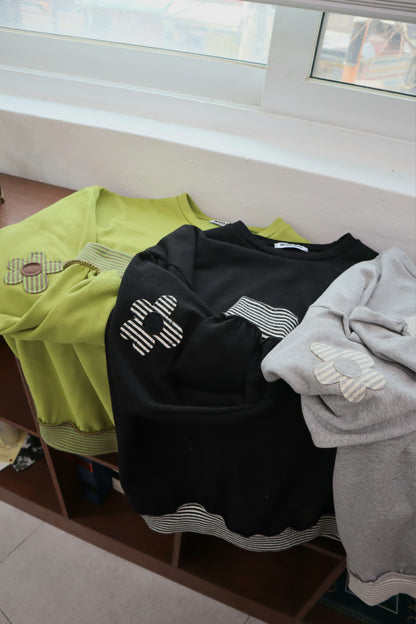 Spring Flower Patch Striped Pattern Loose Fit Sweater