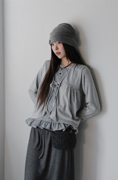 Pretty Check Color Layer Cardigan Long Sleeve Top