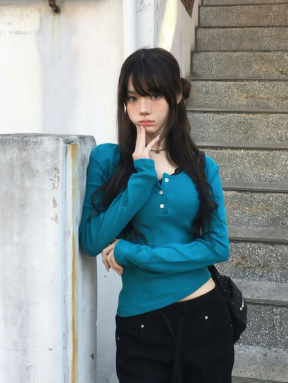 Spring Eyelet Punching Basic henley neck T-shirt