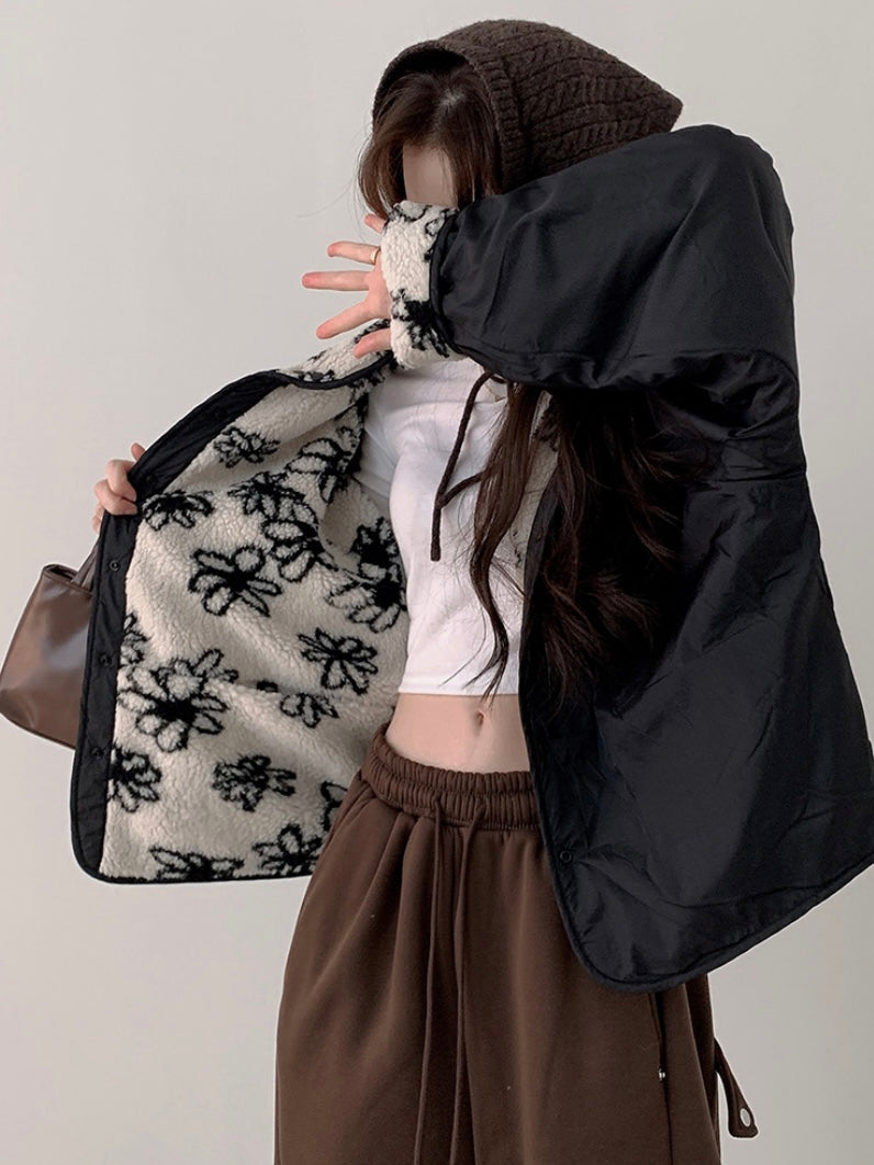 Reversible Flower Dumping Windbreaker Fleece Jacket