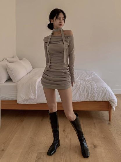 (DEC NEW) Drape with scarf dress set