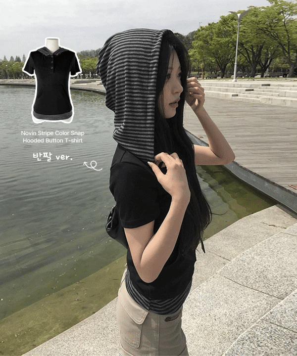 [anyonemore MADE] Nobin color matching snap hood button T-shirt (Short/Long Sleeve)