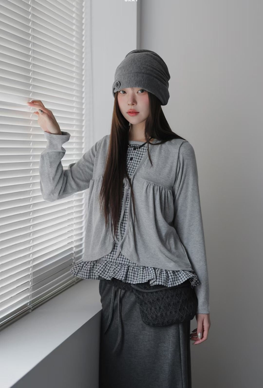 Pretty Check Color Layer Cardigan Long Sleeve Top