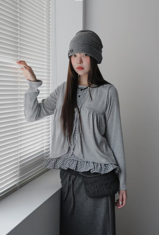 Pretty Check Color Layer Cardigan Long Sleeve Top