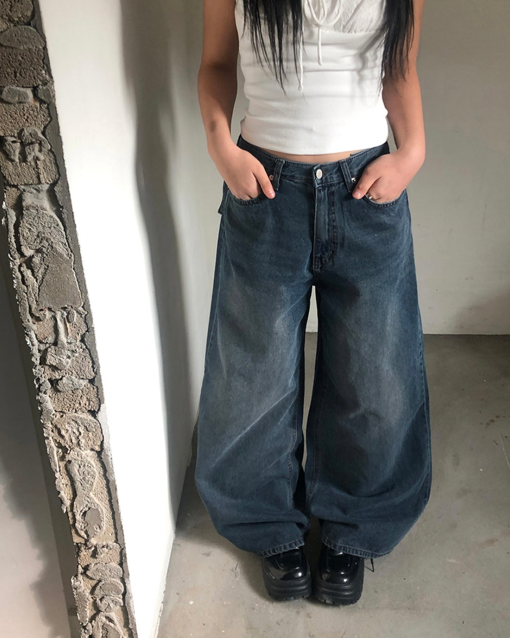 Asymmetrical Belt Denim Straight Jeans