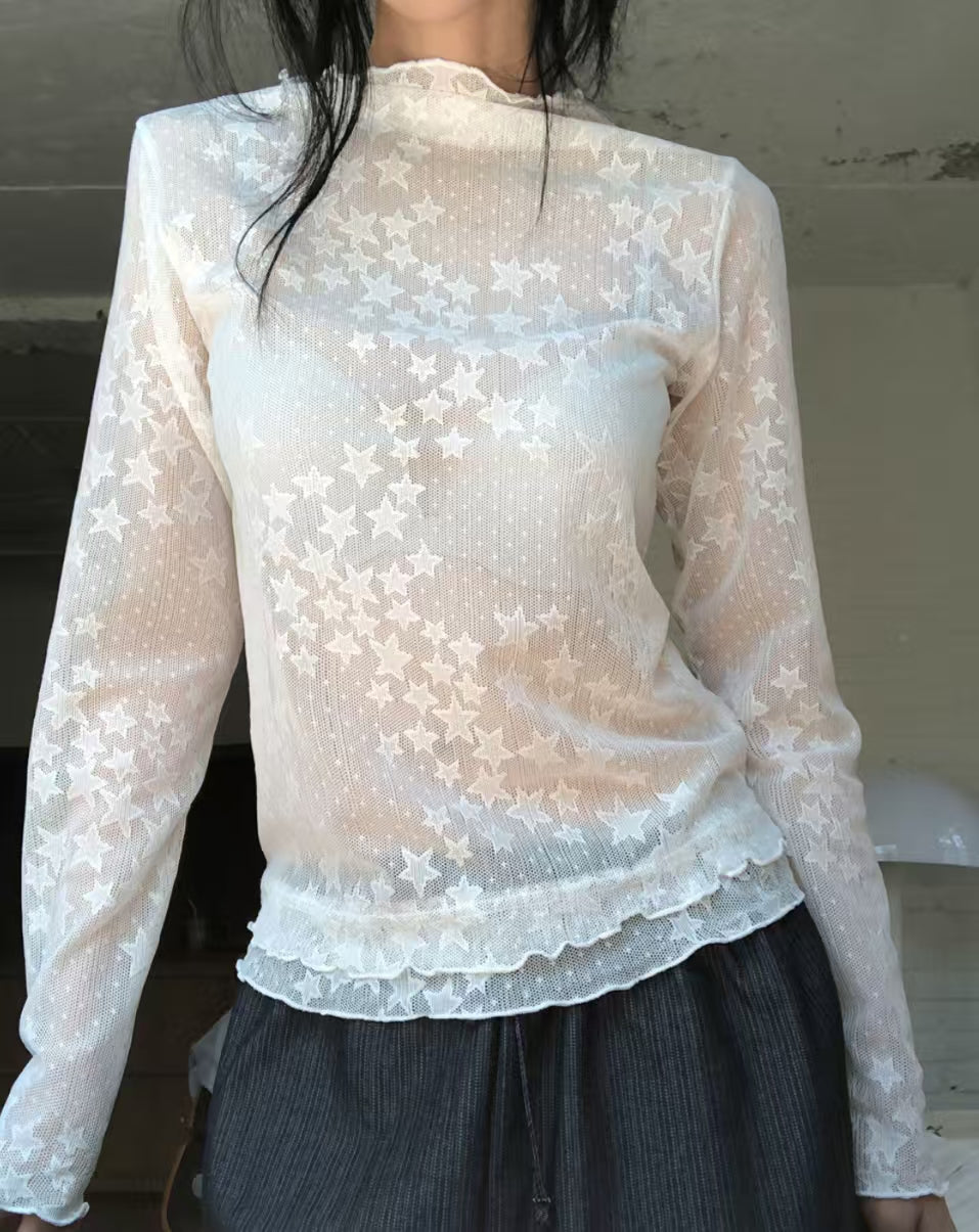Star Detailed Mesh Lace Ruffle Hem Long Sleeve Top