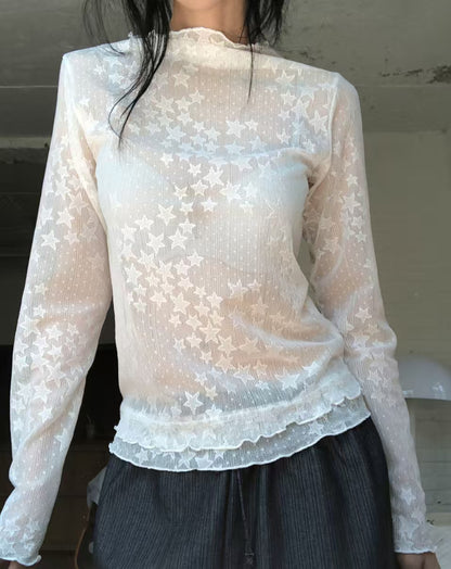 Star Detailed Mesh Lace Ruffle Hem Long Sleeve Top