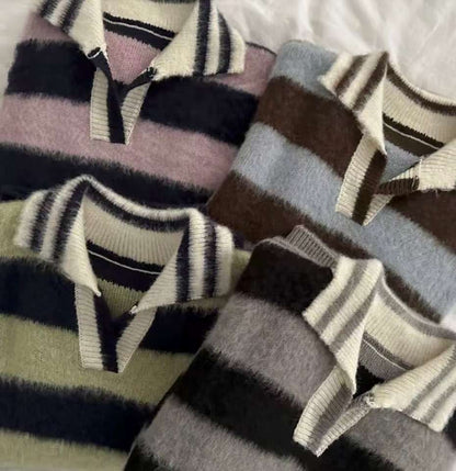 (Preorder) Unisex Collar Brush Striped Knitwear