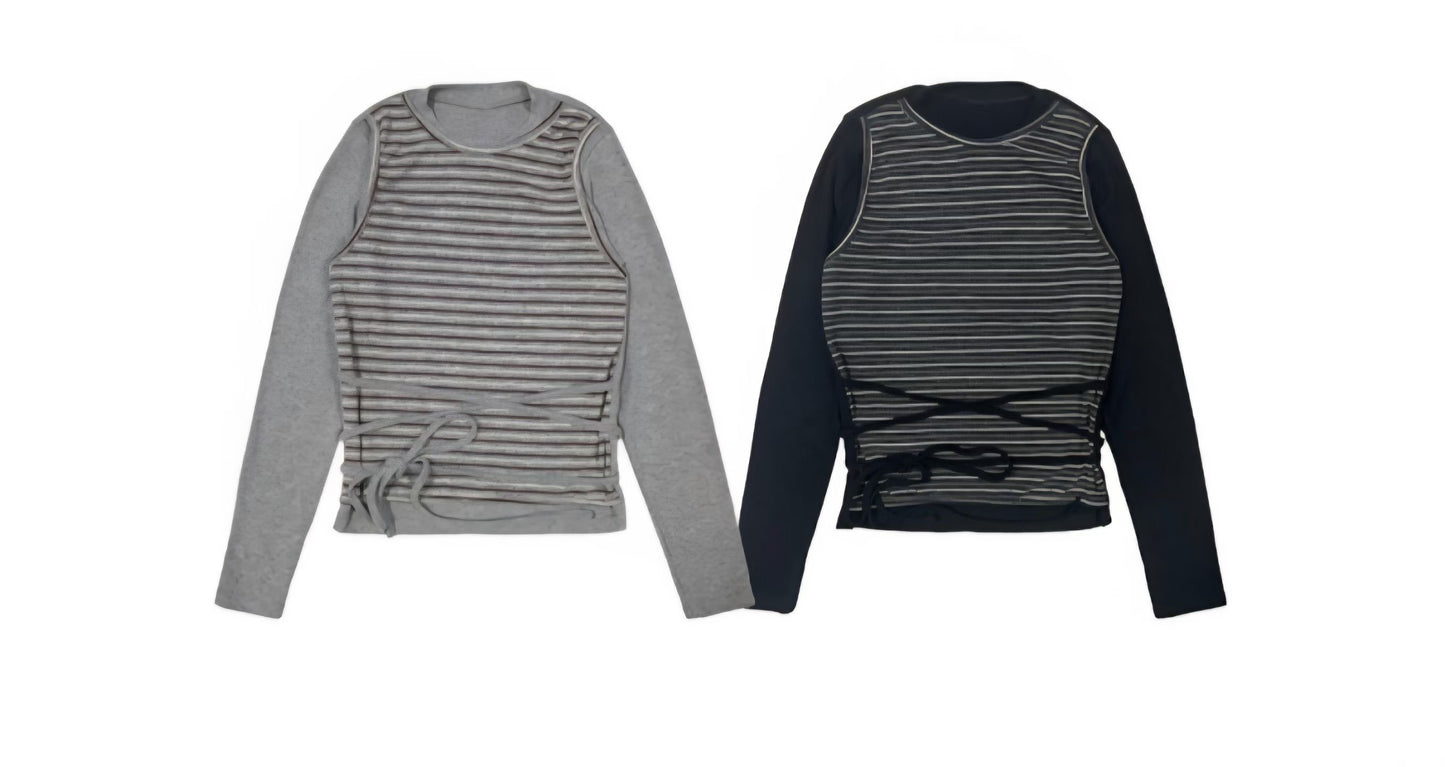 Striped Fake Two Piece Long Sleeve Tie Tee