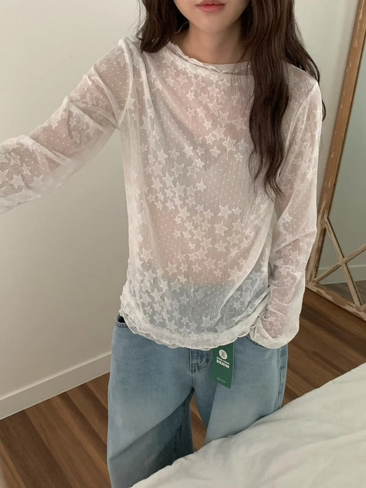 Star Detailed Mesh Lace Ruffle Hem Long Sleeve Top