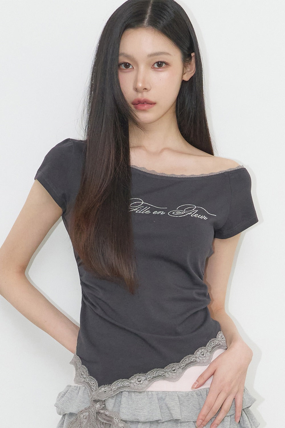 [ILLIGO]  Lace One-Shoulder Shirred Top (3 Colours)