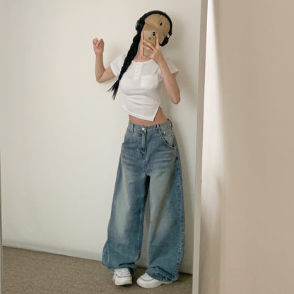 (Preorder) Heart snap loose wide light wash jeans