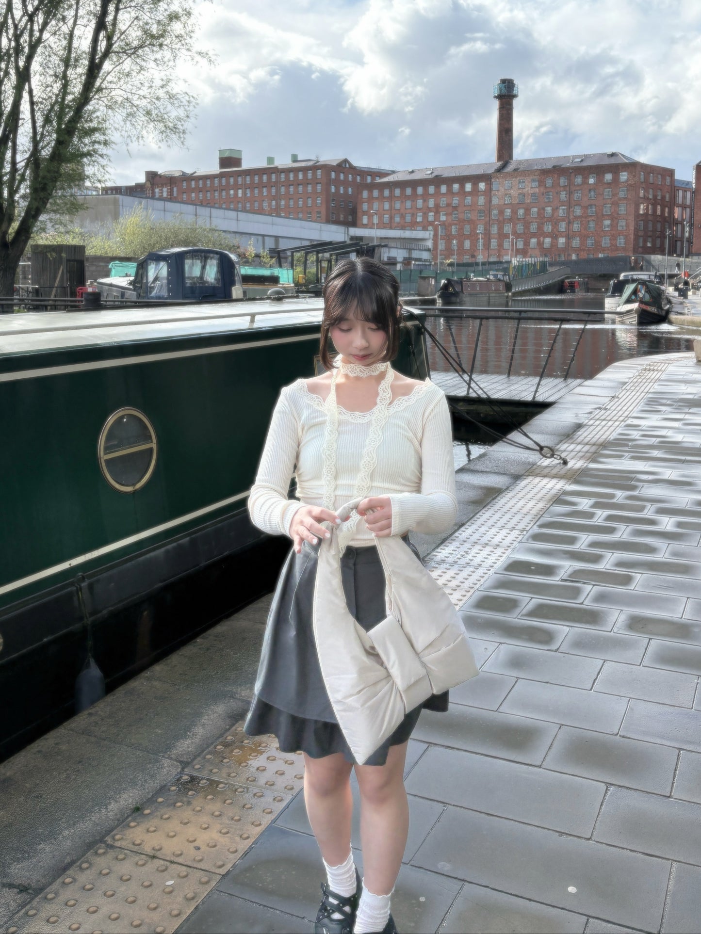 Lace-Trim Ribbed Long Sleeve Top with Scarf