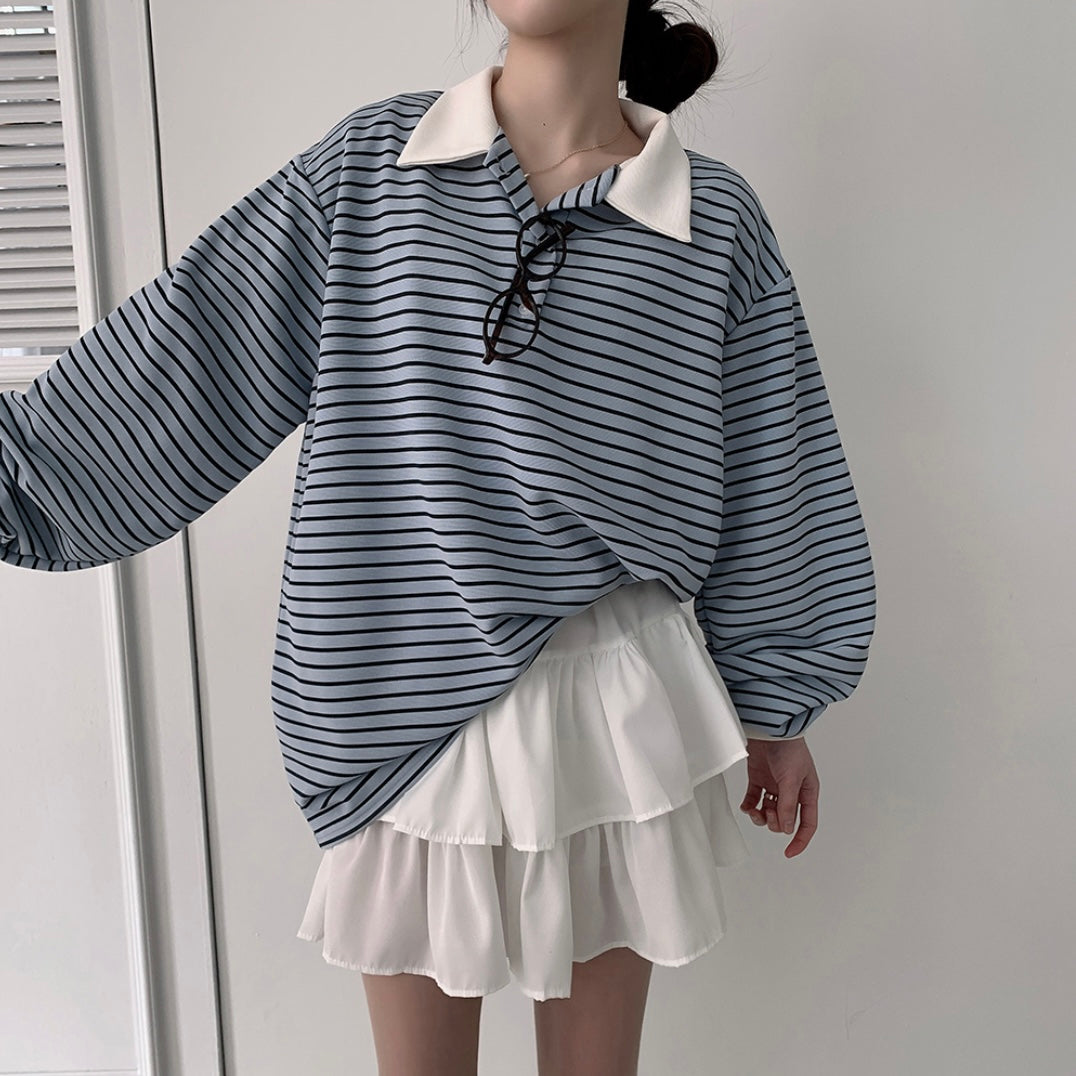 Collar striped long-sleeve top