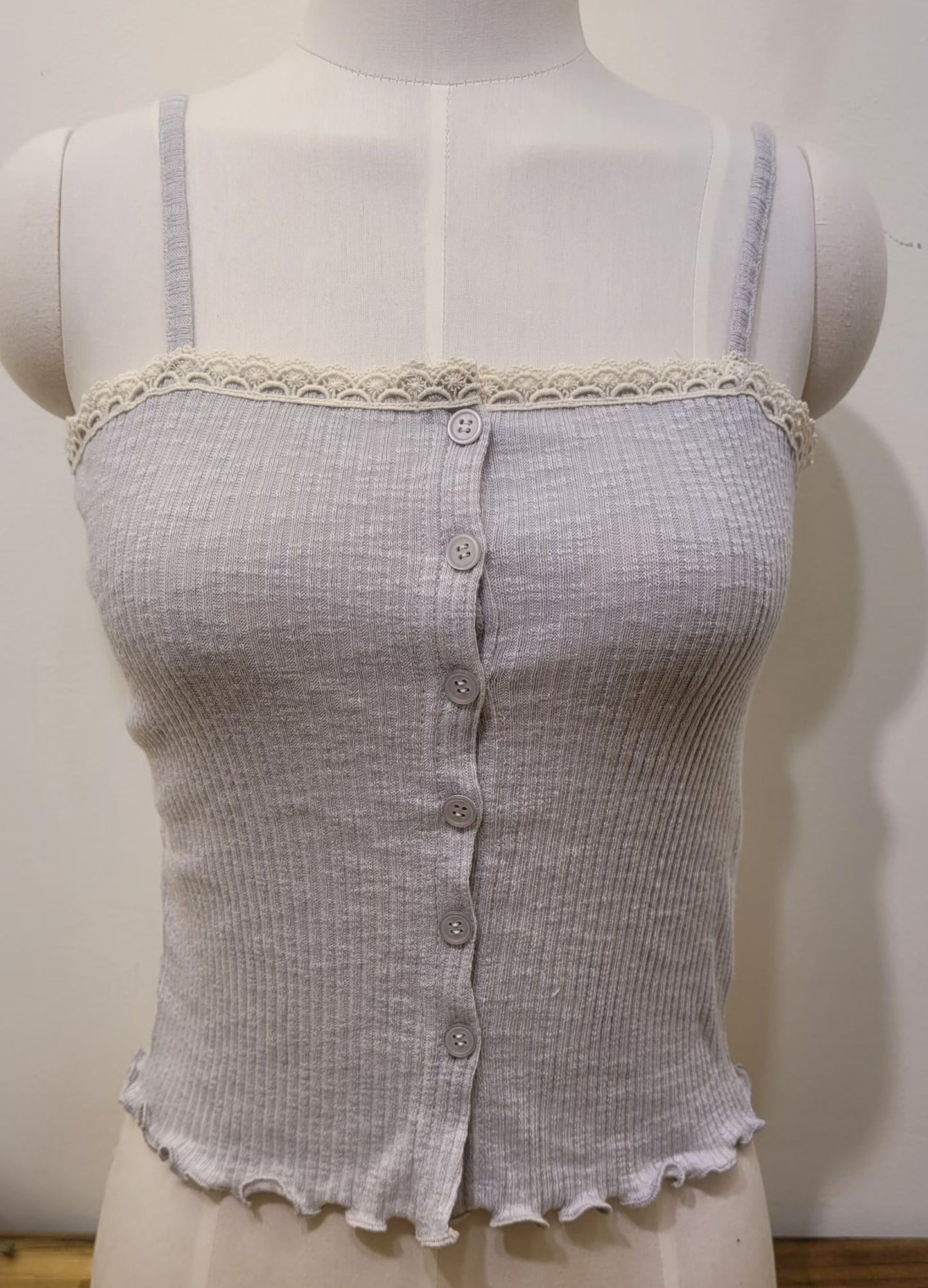 Soft Lace Trim Ribbed Fake Button Sleeveless Top (3 Colours)