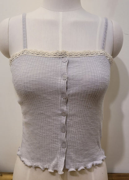 Soft Lace Trim Ribbed Fake Button Sleeveless Top (3 Colours)