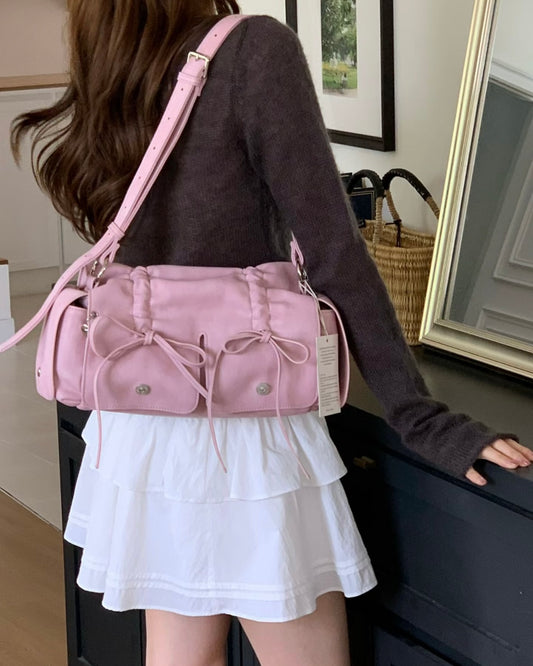 Pink Designer Brand Ribbon Leather Shoulder Bag (Large/Mini)