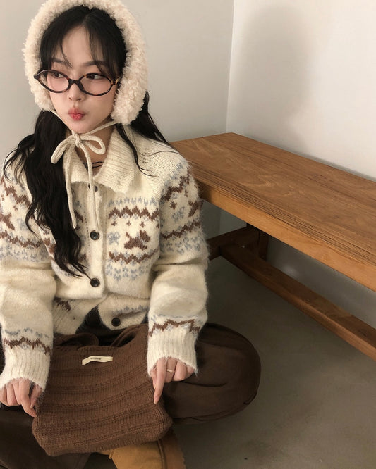 Nordic Rabbit Pattern Wool Knit Polo Cardigan