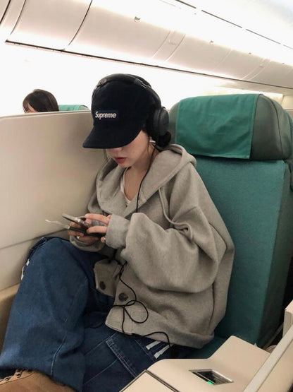 Oversized Double-Knit Button Hood Zip-Up