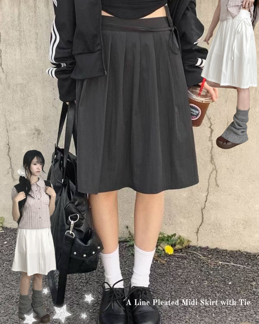 A Line Pleated Midi Skirt with Tie