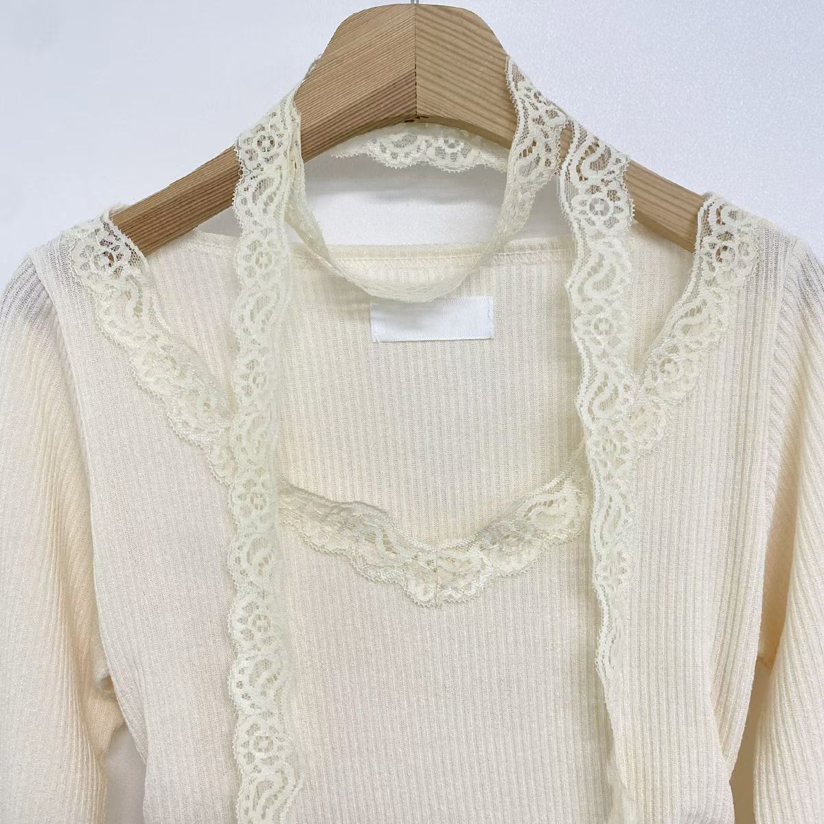 Lace-Trim Ribbed Long Sleeve Top with Scarf