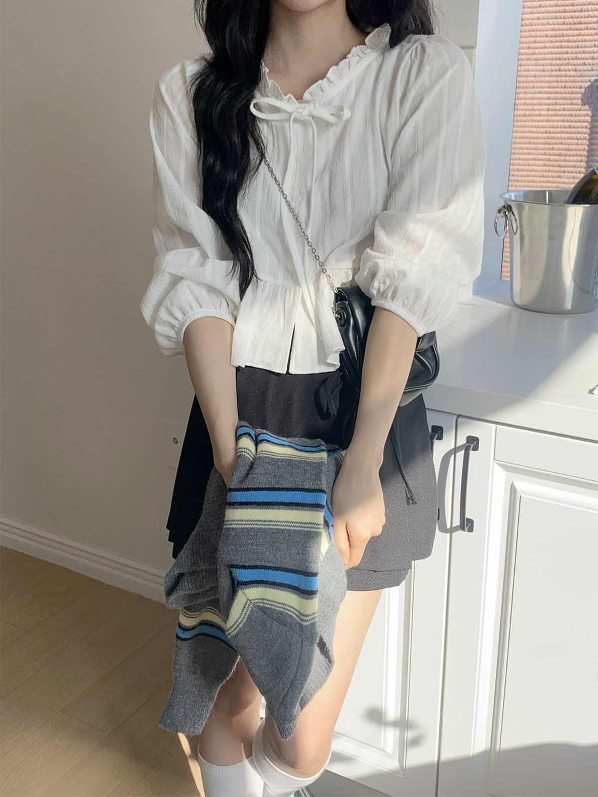 Ruffle Hem Long Sleeve Blouse with Ties