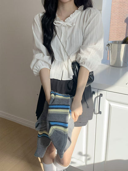 Ruffle Hem Long Sleeve Blouse with Ties