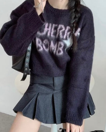 (DEC NEW) Round Neck Cherry Bomb Short Brush Knit