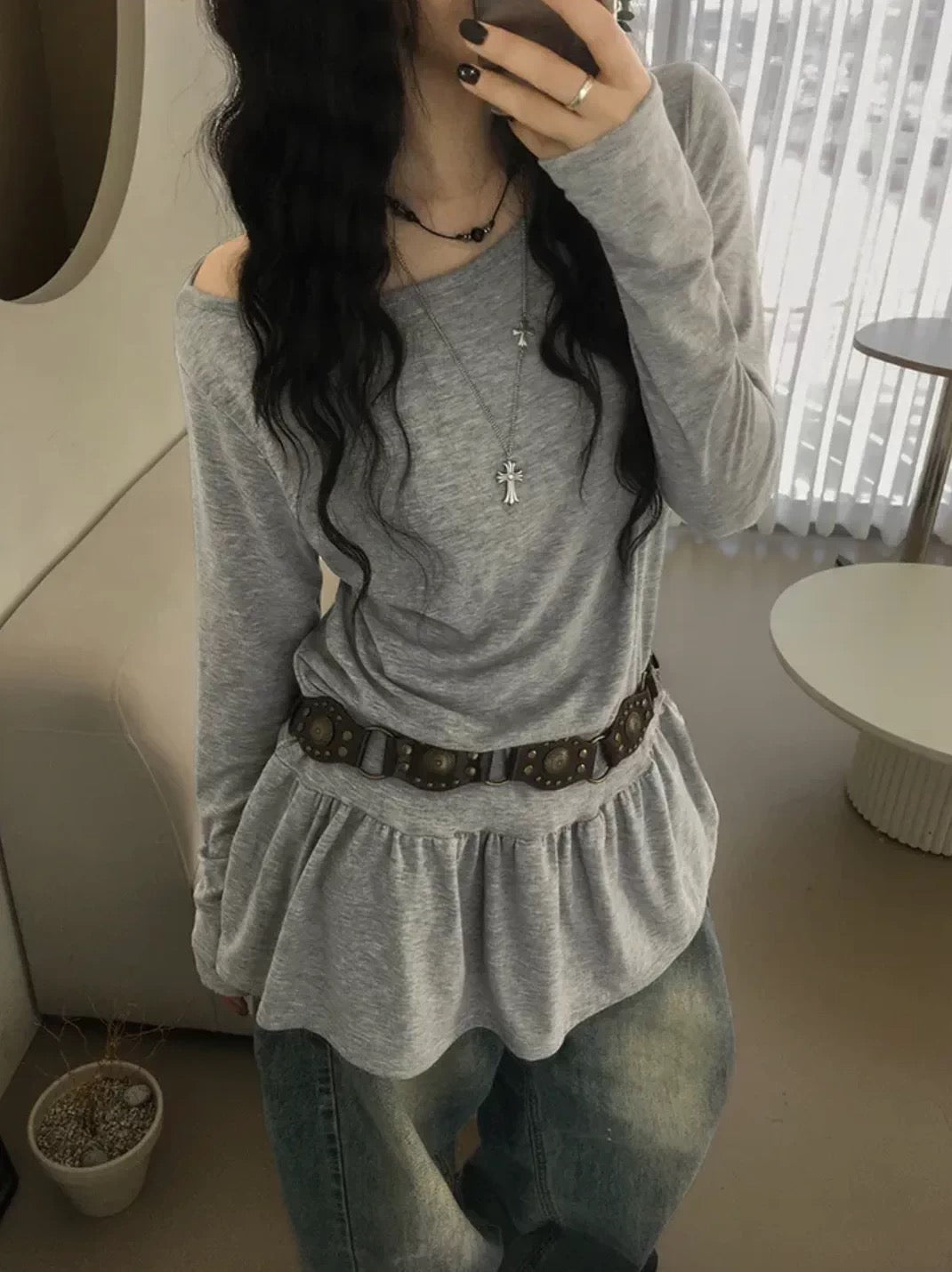 Soft Layered Long Sleeve Off-Shoulder Top (Grey)