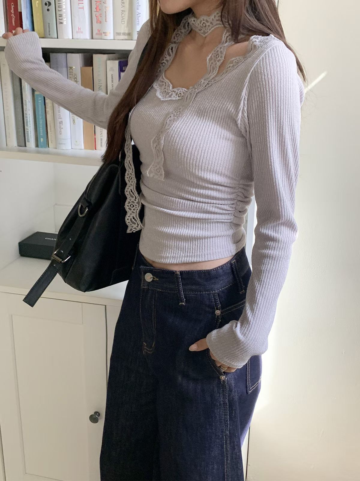 Lace-Trim Ribbed Long Sleeve Top with Scarf