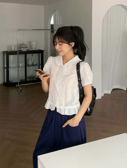Dolly Button Up Layered Frill Collar Short Sleeve Blouse