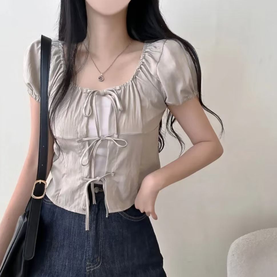 Ribbon Tie Front Puff Sleeve Blouse Cardigan (3Colours)