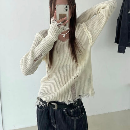 (BF NEW IN) V-neck Knit Wool Mesh Long Sleeve T-shirt
