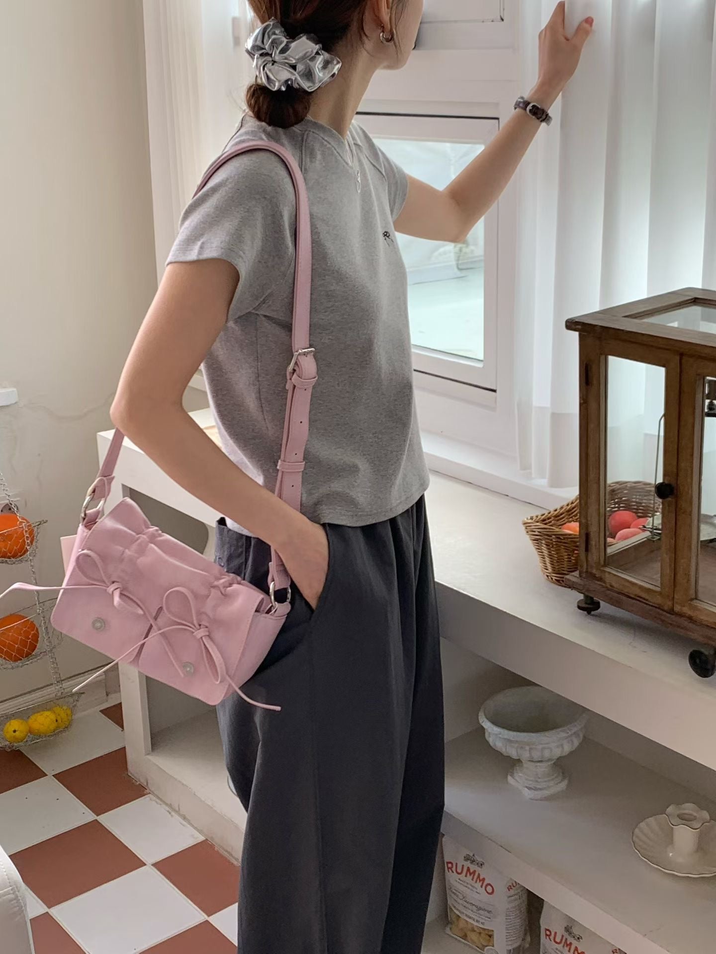 Pink Designer Brand Ribbon Leather Shoulder Bag (Large/Mini)