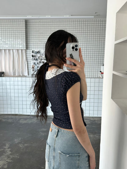 Fairycore Floral Lace Detail Panel Tee (Navy)
