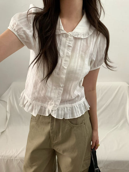 Dolly Button Up Layered Frill Collar Short Sleeve Blouse